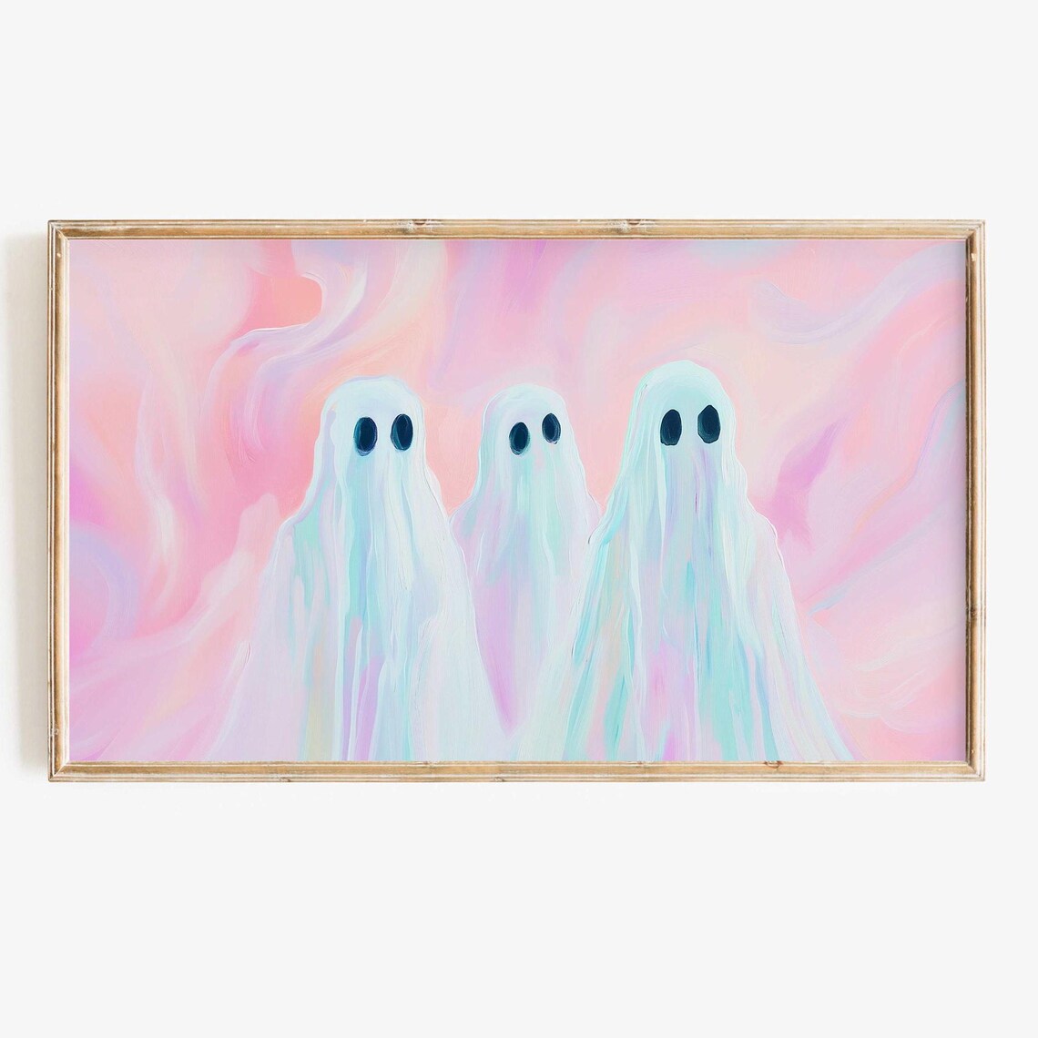 Pink Halloween Cute Ghost Art Print, Pastel Groovy Decor