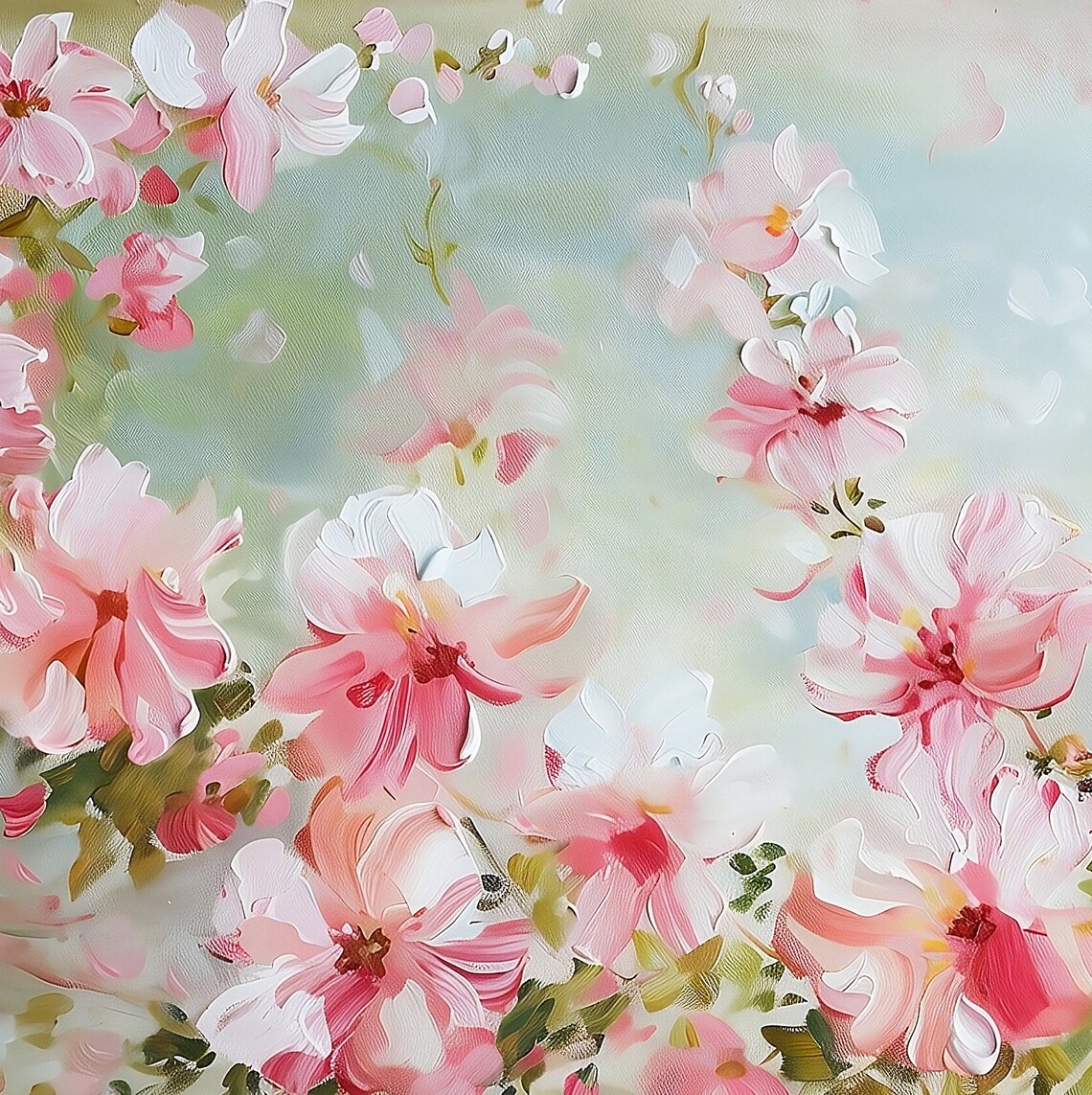 Soft Pink Wildflowers Pale Blue Airy Spring Floral Painting Poster - Image 4
