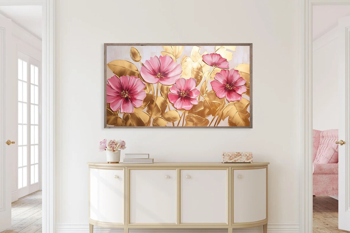 Pink Cosmos Flowers Gold Leaves Metallic Floral Painting Poster - Image 3