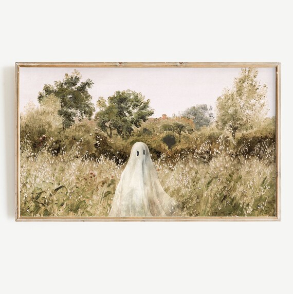 Sheet Ghost Wildflower Meadow Neutral Toned Spooky Fall Poster