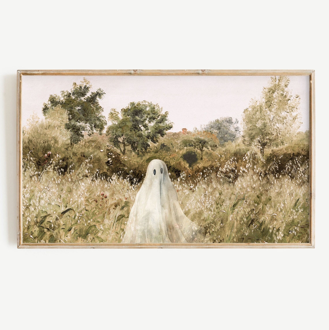 Sheet Ghost Wildflower Meadow Neutral Toned Spooky Fall Poster