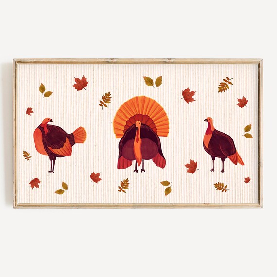 Cute Retro Turkeys Trio Autumn Leaves Thanksgiving Holiday Poster