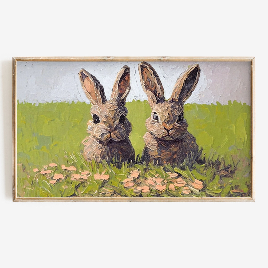 Two Bunnies In Spring Grass Textured Rustic Rabbit Painting Poster