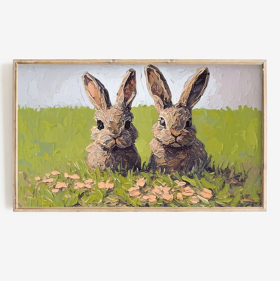 Two Bunnies In Spring Grass Textured Rustic Rabbit Painting Poster