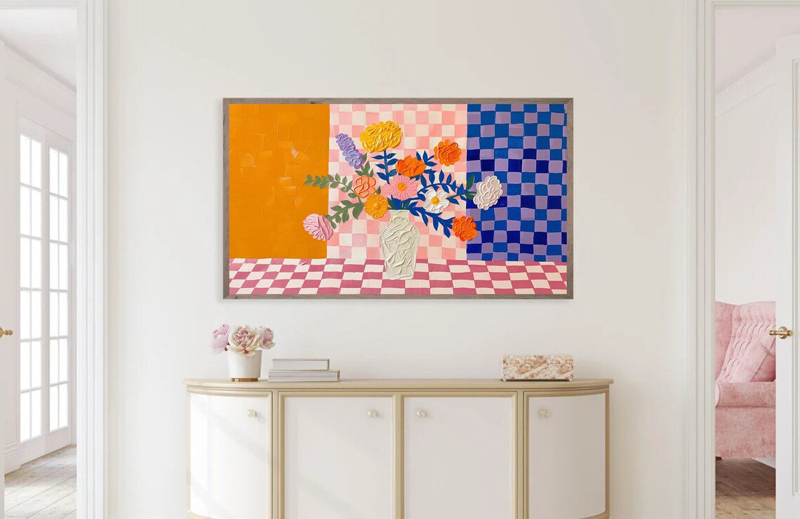 Colorful Checkered Floral Still Life Art Print - Image 4