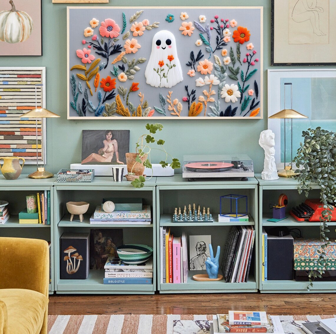 Cute Halloween Ghost Wildflower Embroidery Art Print - Image 3