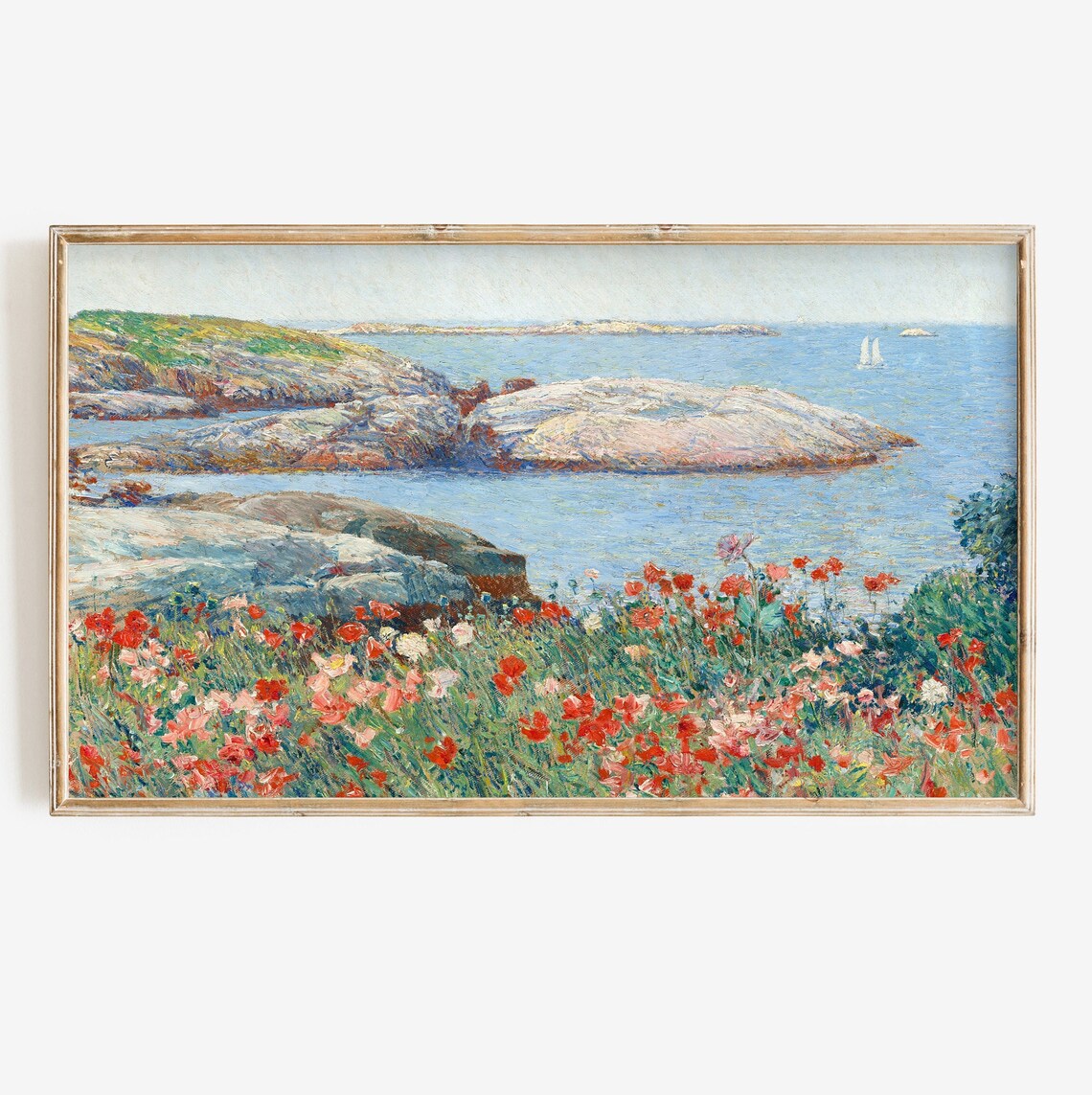 Vintage Ocean Landscape With Poppy Wildflowers Art Print