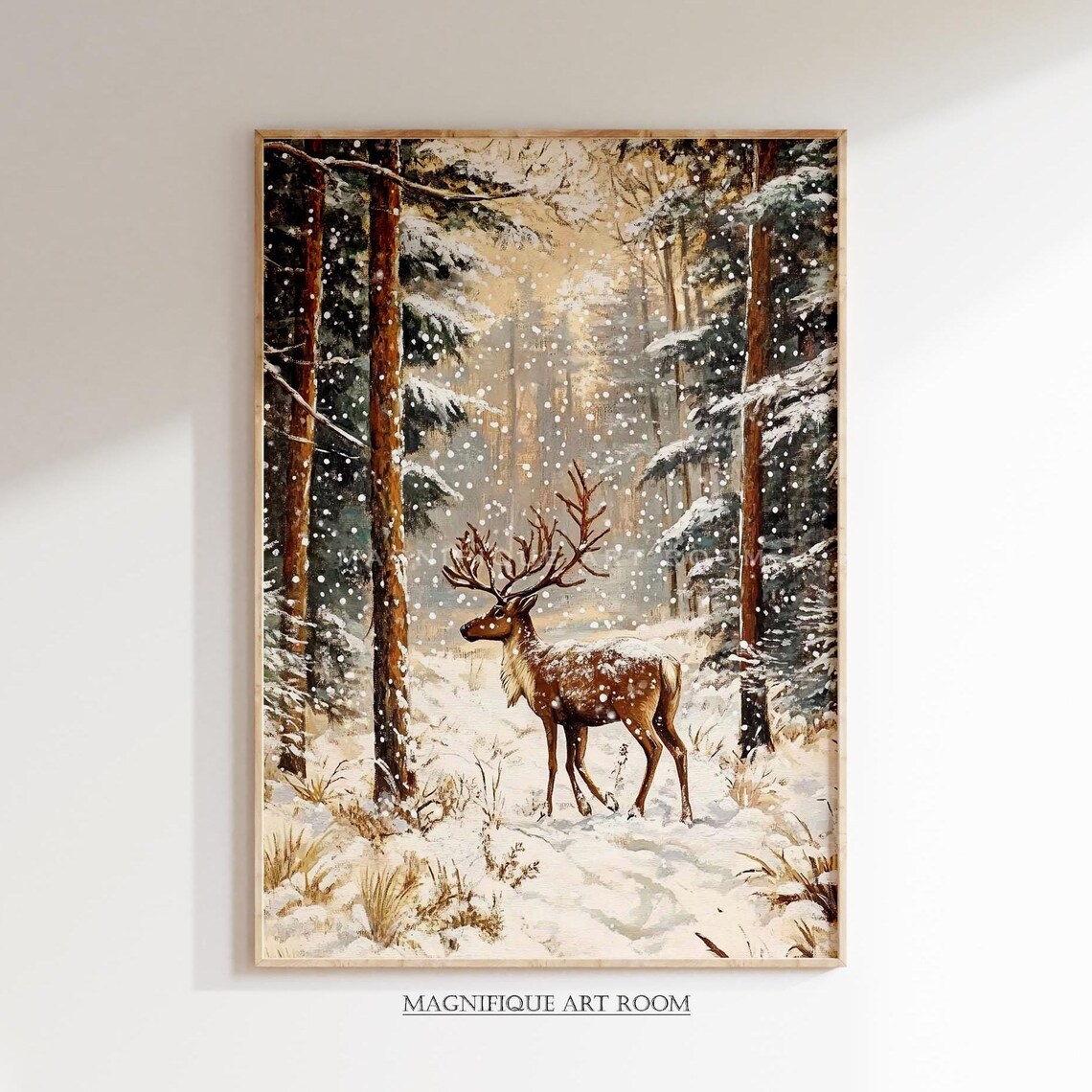 Vintage Print Of Reindeer In Winter Wall Art Xmas Snowy Forest Oil Painting Reindeer Print Art W149