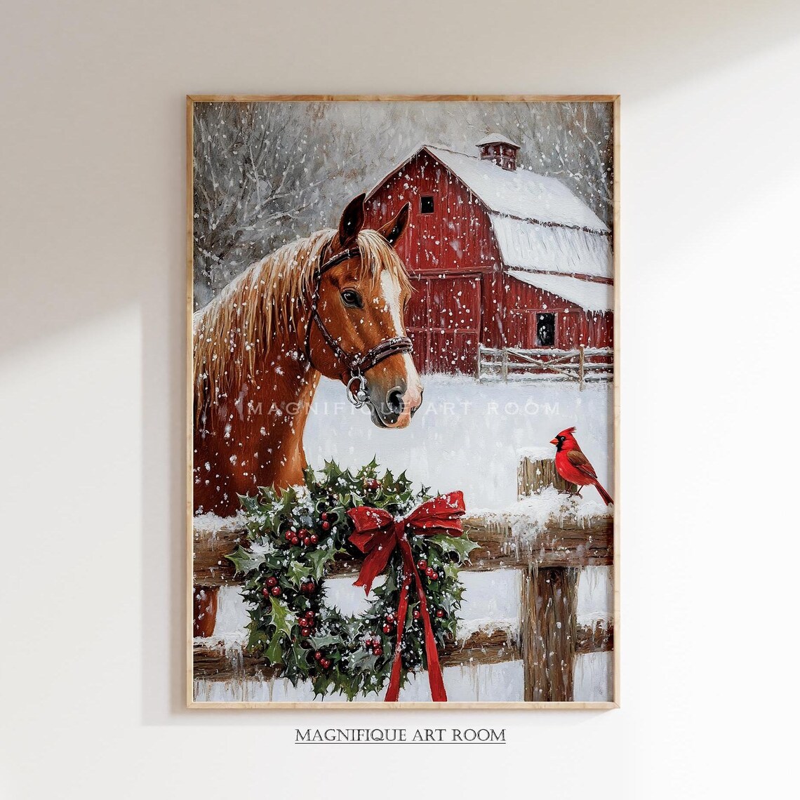 Christmas Horse Painting, Holiday Farmhouse Art Print