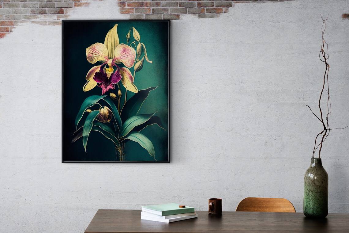 Elegant Orchid Blooms on Deep Teal Moody Botanical Art Poster - Image 3