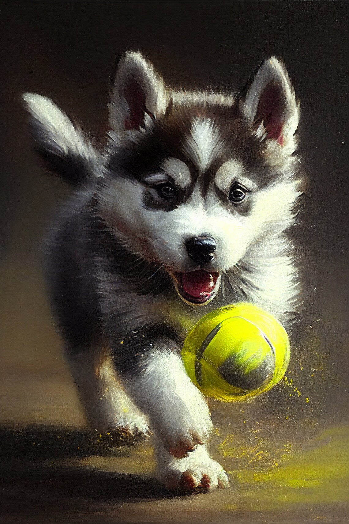 Husky Puppy Playing With Yellow Ball Cute Dog Art Painting Poster - Image 2