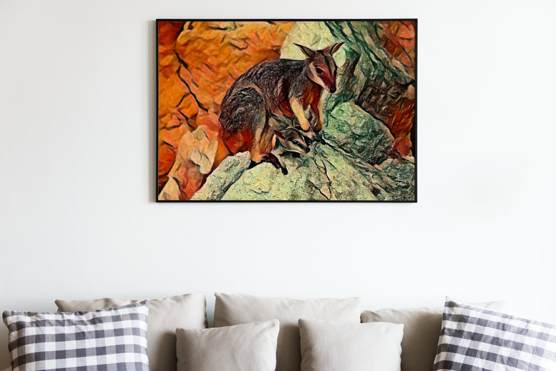 Rock Wallaby Mother with Joey on Rocks Low Poly Wildlife Poster - Image 3