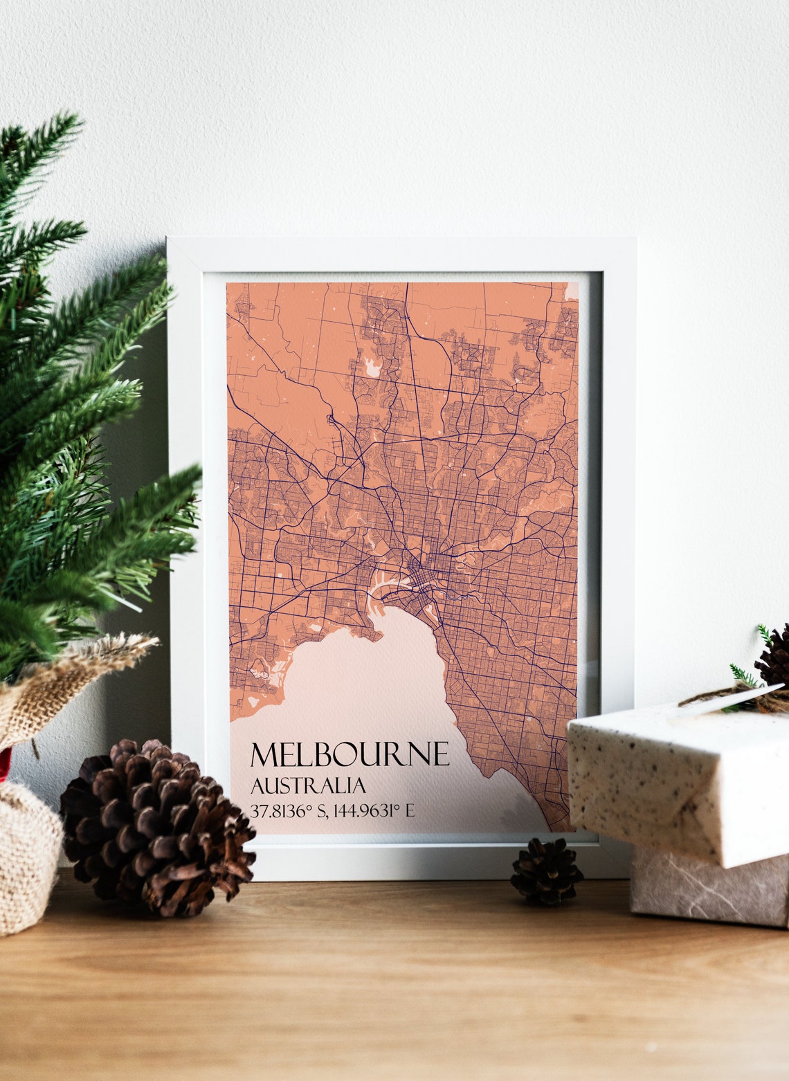 Melbourne Australia City Map Warm Coral Peach Tones Map Art Poster - Image 3