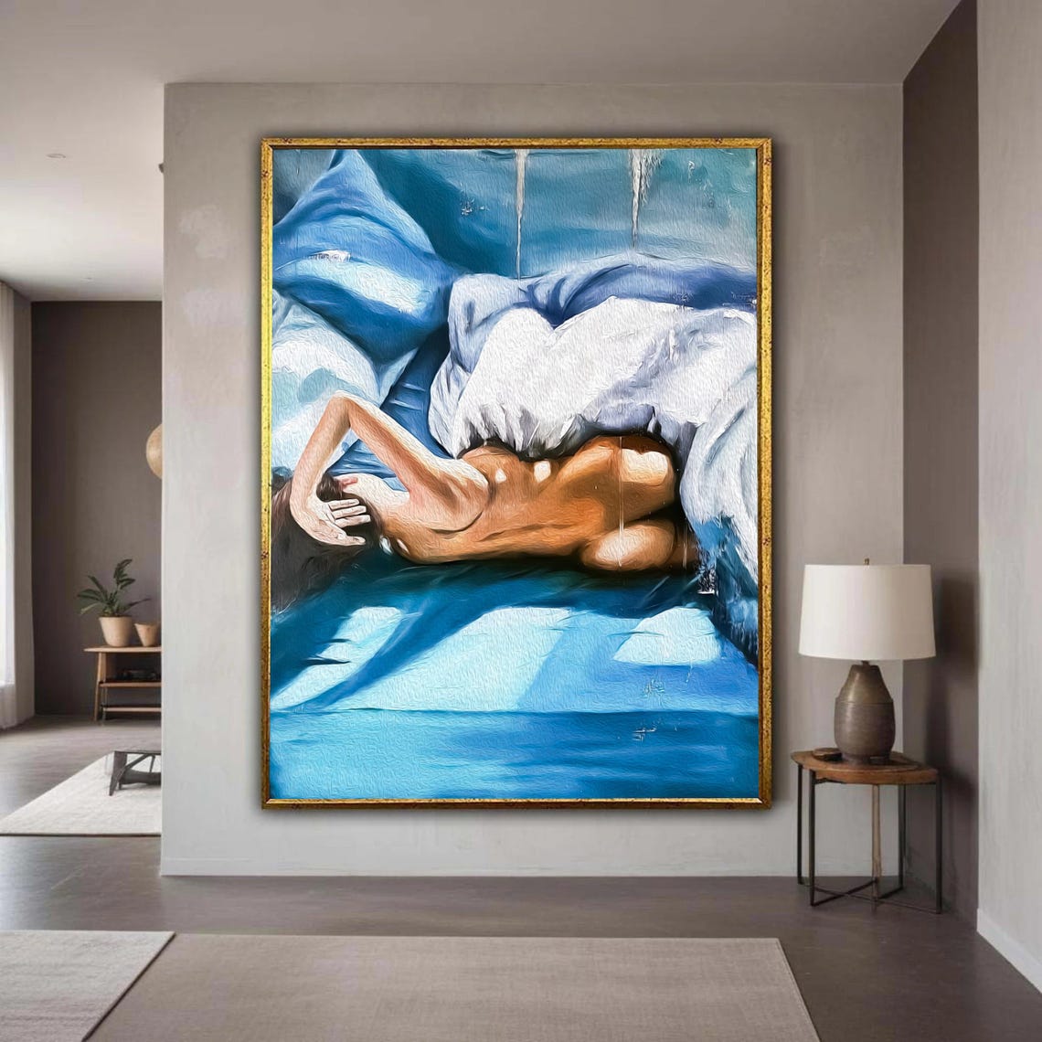 Woman Resting Blue Bedding Painterly Nude Bedroom Art Poster