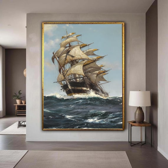 Tall Ship Full Sails Rough Ocean Waves Dramatic Nautical Poster