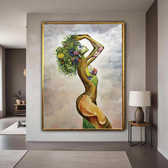 Enchanted Nature Woman Canvas Art Floral Tree Silhouette Botanical Wall Dcor Greenery And Flowers Eco Gift Home Decor