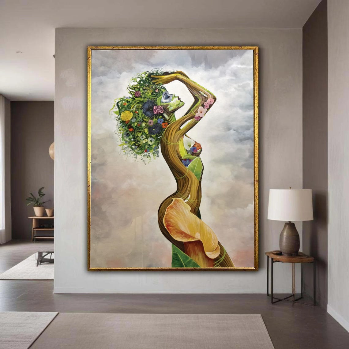 Enchanted Nature Woman Flowering Tree Trunk Floral Face Art Poster