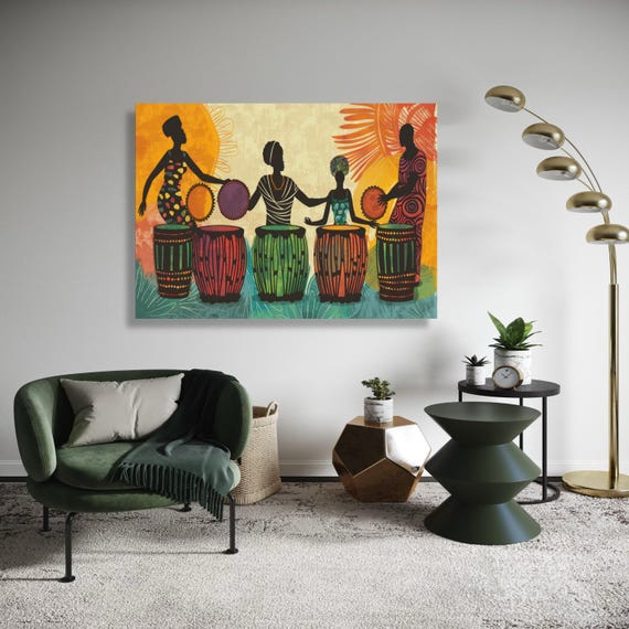 African Drummers Silhouette Canvas Art Colorful Drums Cultural Music Print Vibrant Ethnic Rhythm Wall Decor Folk Celebration