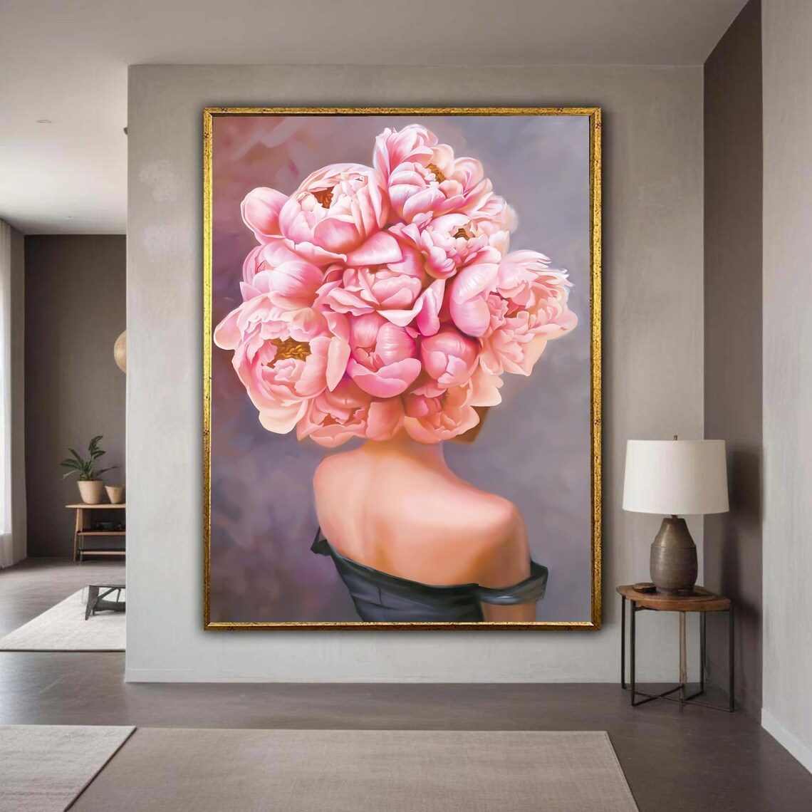 Elegant Woman With Pink Peony Bouquet Headpiece Art Print