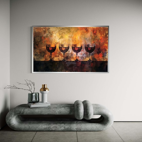 Red Wine Glasses Canvas Print Abstract Warm Tone Background Art Modern Bar Wall Decor Kitchen Still Life Painting Style Artwork