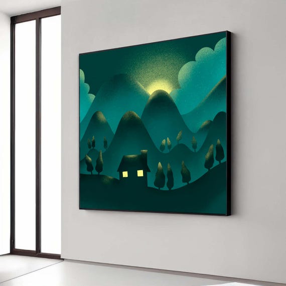 Moonlit Mountain Cabin Canvas Night Landscape Art Print Peaceful Nature Wall Decor Tranquil Home Dark Green Scene