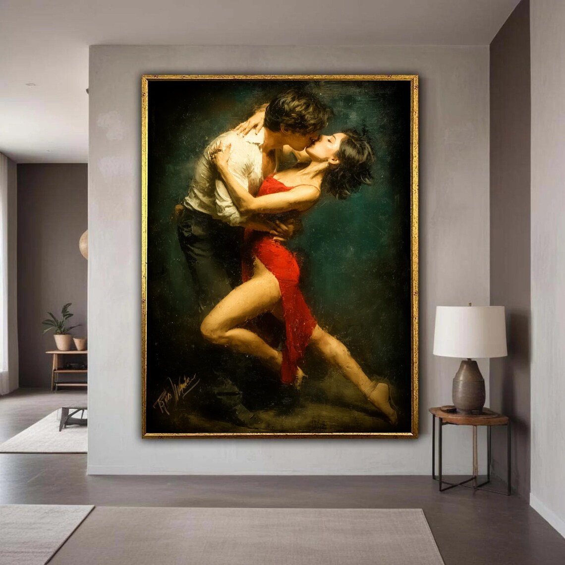 Romantic Tango Kiss Red Dress Couple Oil Painting Art Poster