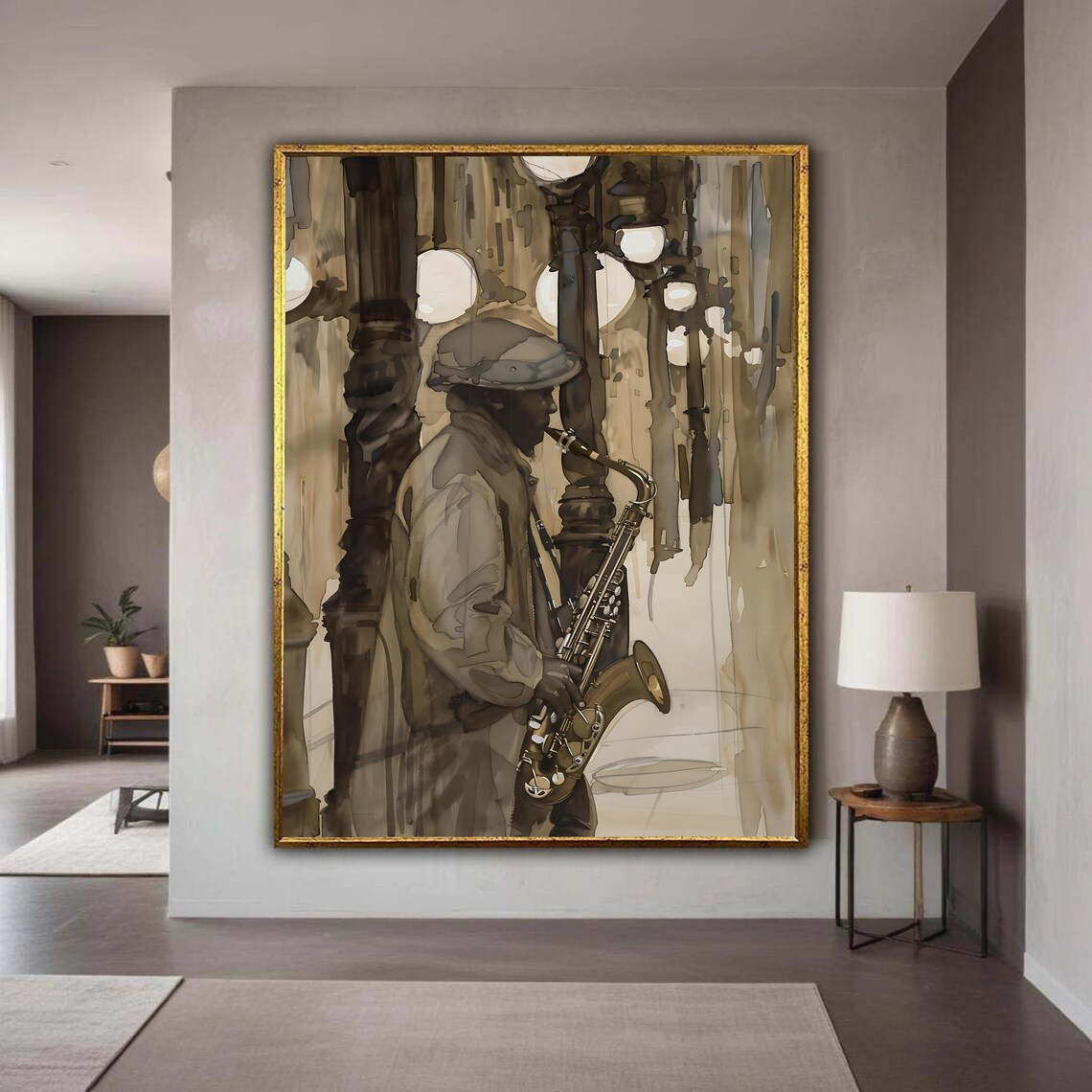Jazz Musician Saxophone Art Print, City Night Scene
