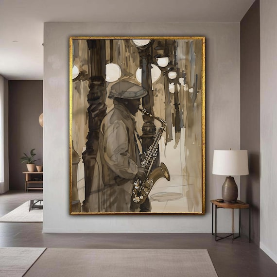 Jazz Musician Saxophone Art Print, City Night Scene
