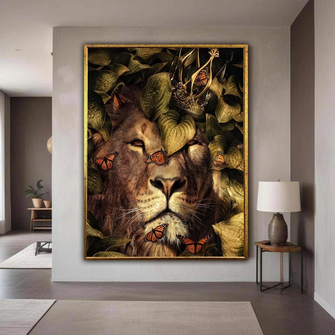 Regal Lion Portrait, Monarch Butterflies Art Print