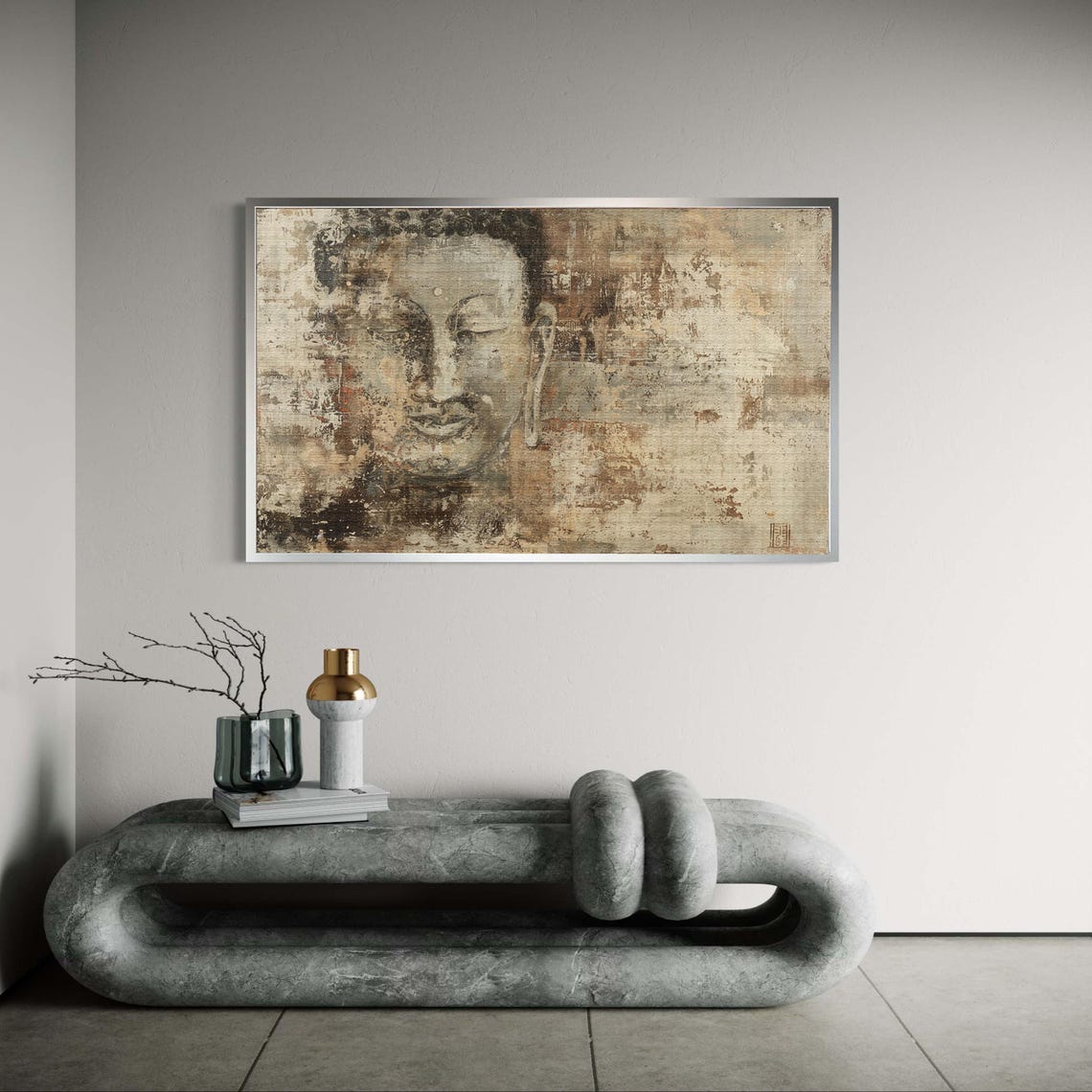 Abstract Buddha Face Canvas Print Weathered Fresco Style Art Earthy Tones Spiritual Wall Decor Emerging Serene Contemplative Artwork