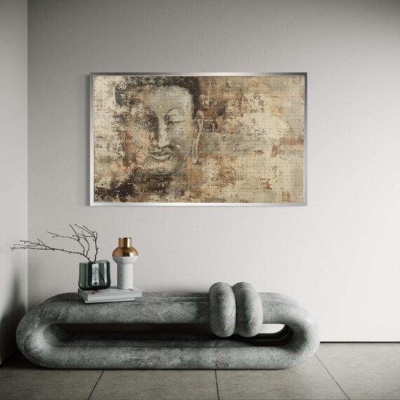 Abstract Buddha Face Canvas Print Weathered Fresco Style Art Earthy Tones Spiritual Wall Decor Emerging Serene Contemplative Artwork