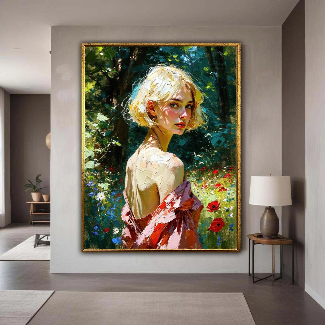 Blonde Woman In Blooming Garden Impressionist Portrait Oil Poster