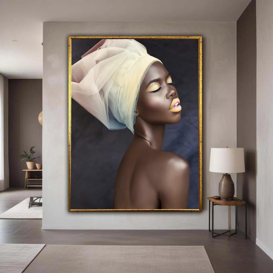 Elegant Black Woman White Headwrap Gold Makeup Regal Portrait Poster