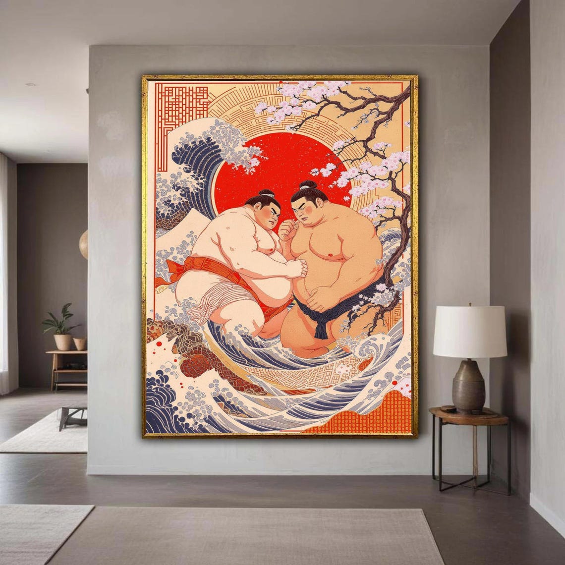 Sumo Wrestlers Red Sun Great Wave Japanese Illustration Art Wall Print