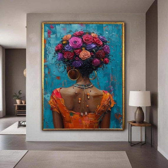 Vibrant Afro Woman Floral Hair Impasto Oil Painting Art Poster