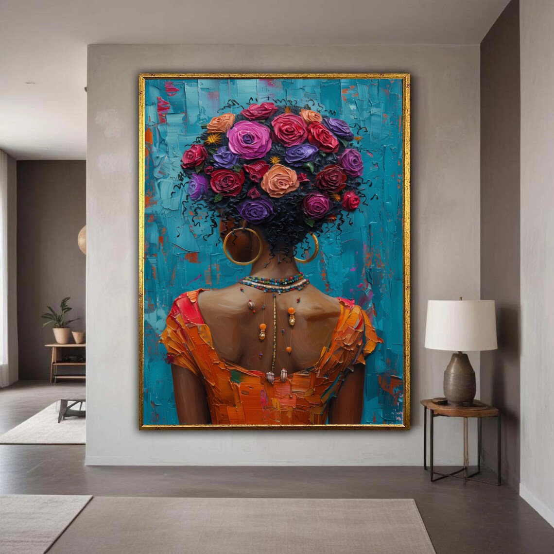 Vibrant Afro Woman Floral Hair Impasto Oil Painting Art Poster