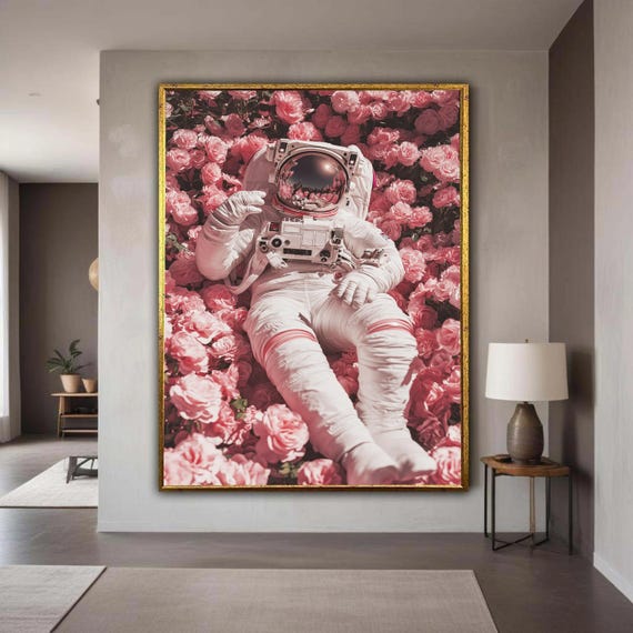 Astronaut In Rose Garden Canvas Space And Flowers Wall Art Surreal Floral Decor Modern Living Room Unique Gift Home