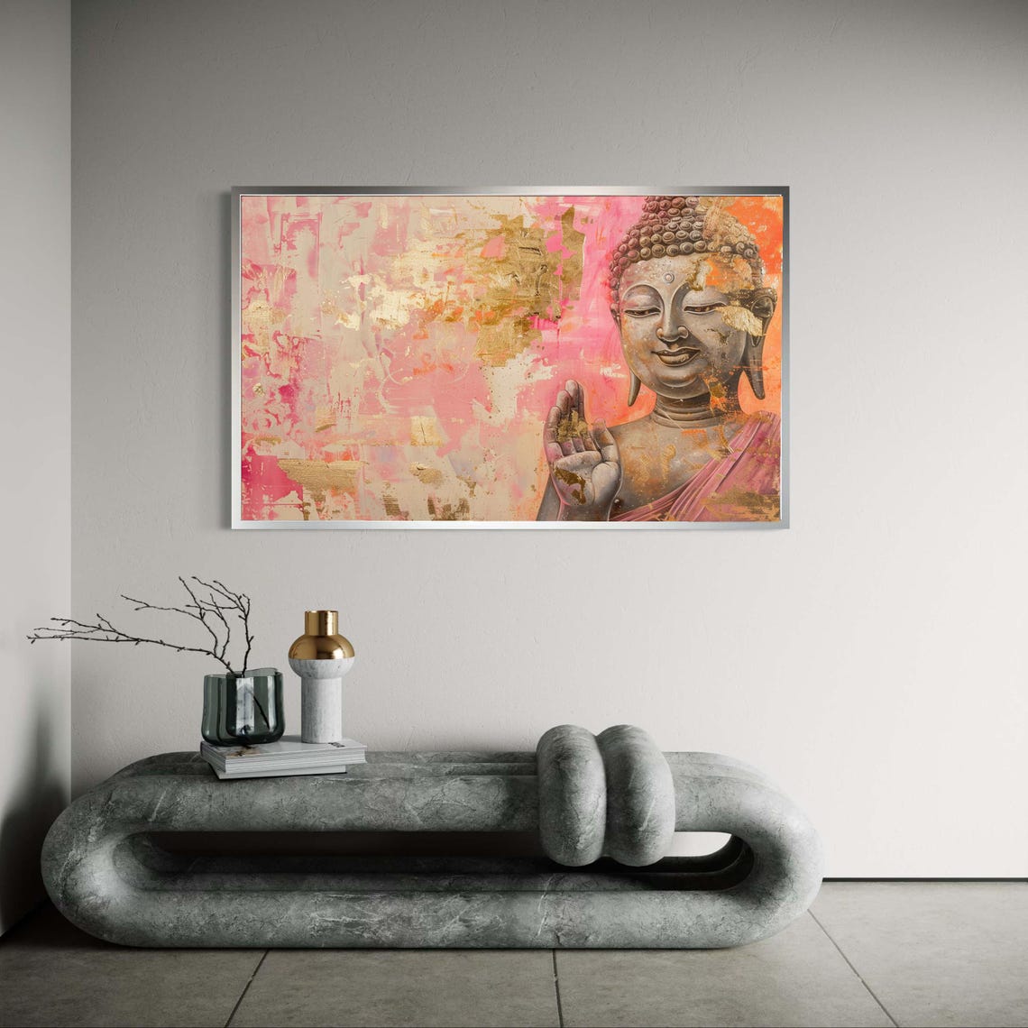 Abhaya Mudra Buddha Canvas Print Pink Orange Gold Leaf Art Modern Spiritual Abstract Wall Decor Serene Uplifting Zen Artwork Gift