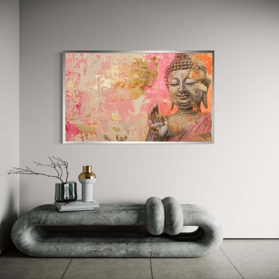 Abhaya Mudra Buddha Canvas Print Pink Orange Gold Leaf Art Modern Spiritual Abstract Wall Decor Serene Uplifting Zen Artwork Gift