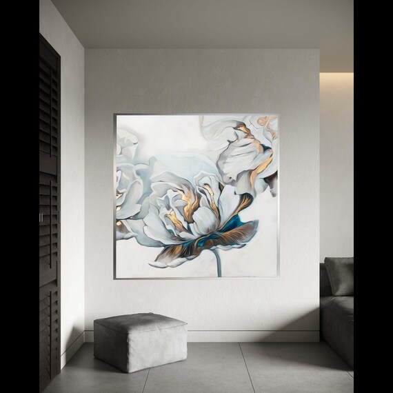 Elegant White Peony Canvas Floral Wall Art With Gold Accents Modern Botanical Luxury Home Decoration Ready Gift Decor