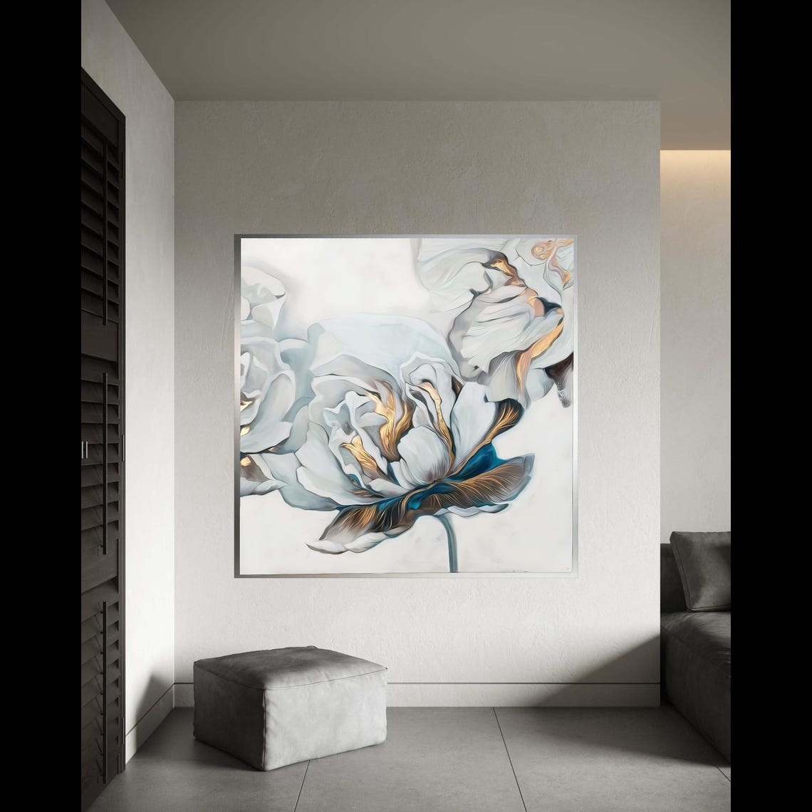Elegant White Peony Gold Accent Abstract Floral Canvas Wall Art