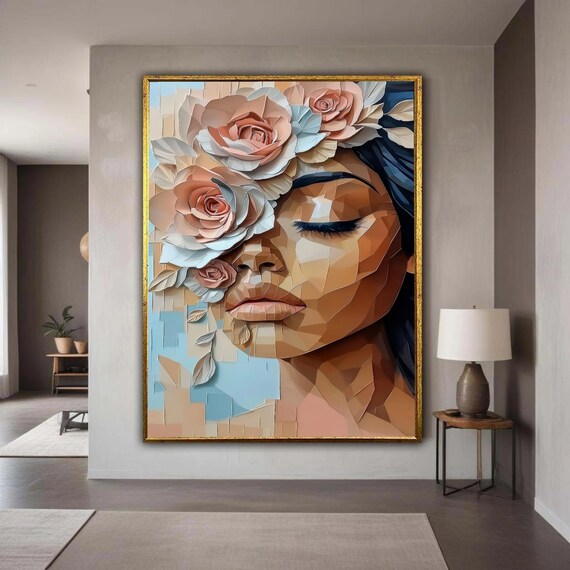 Low Poly Woman Portrait Floral Headdress Geometric Faceted Art Print