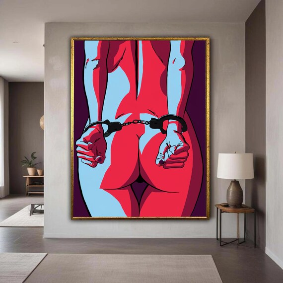 Bold Pop Art Woman Figure In Handcuffs Neon Pink Blue Poster