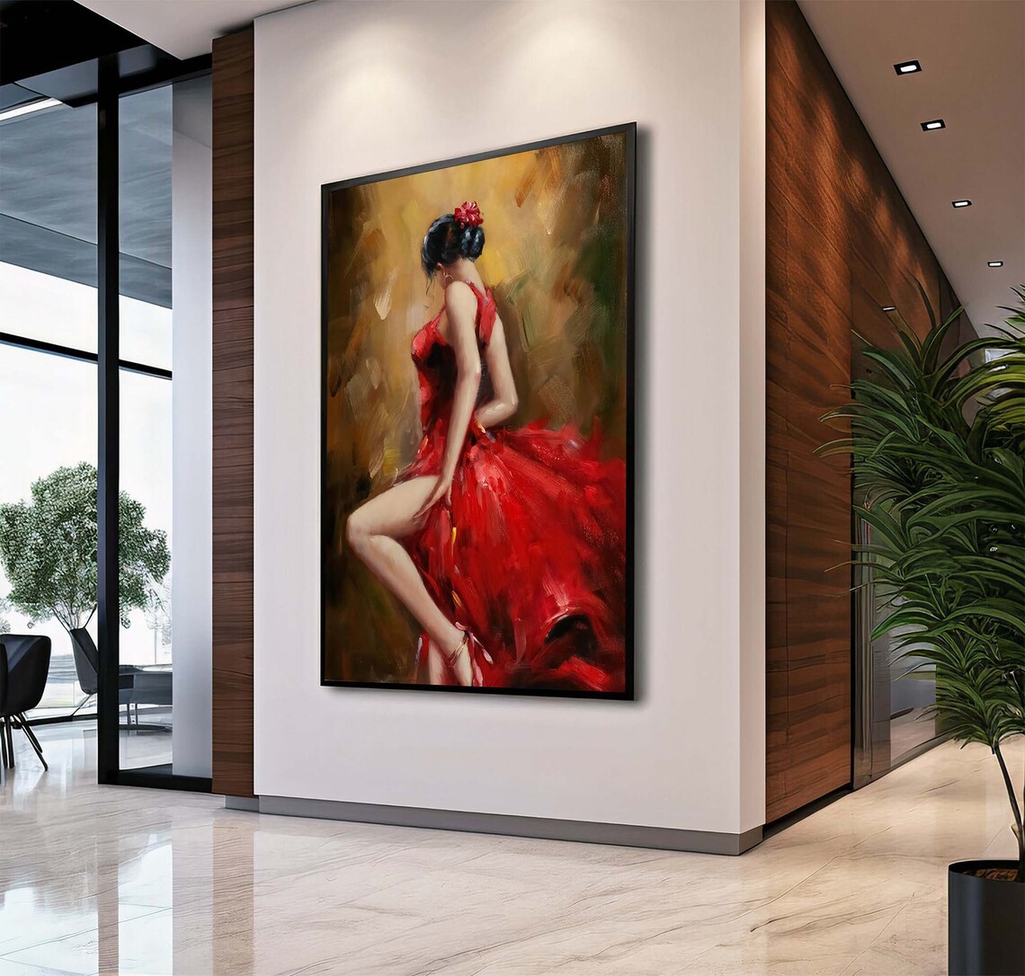 Elegant Woman in Red Dress Flamenco Dancer Oil Painting Poster