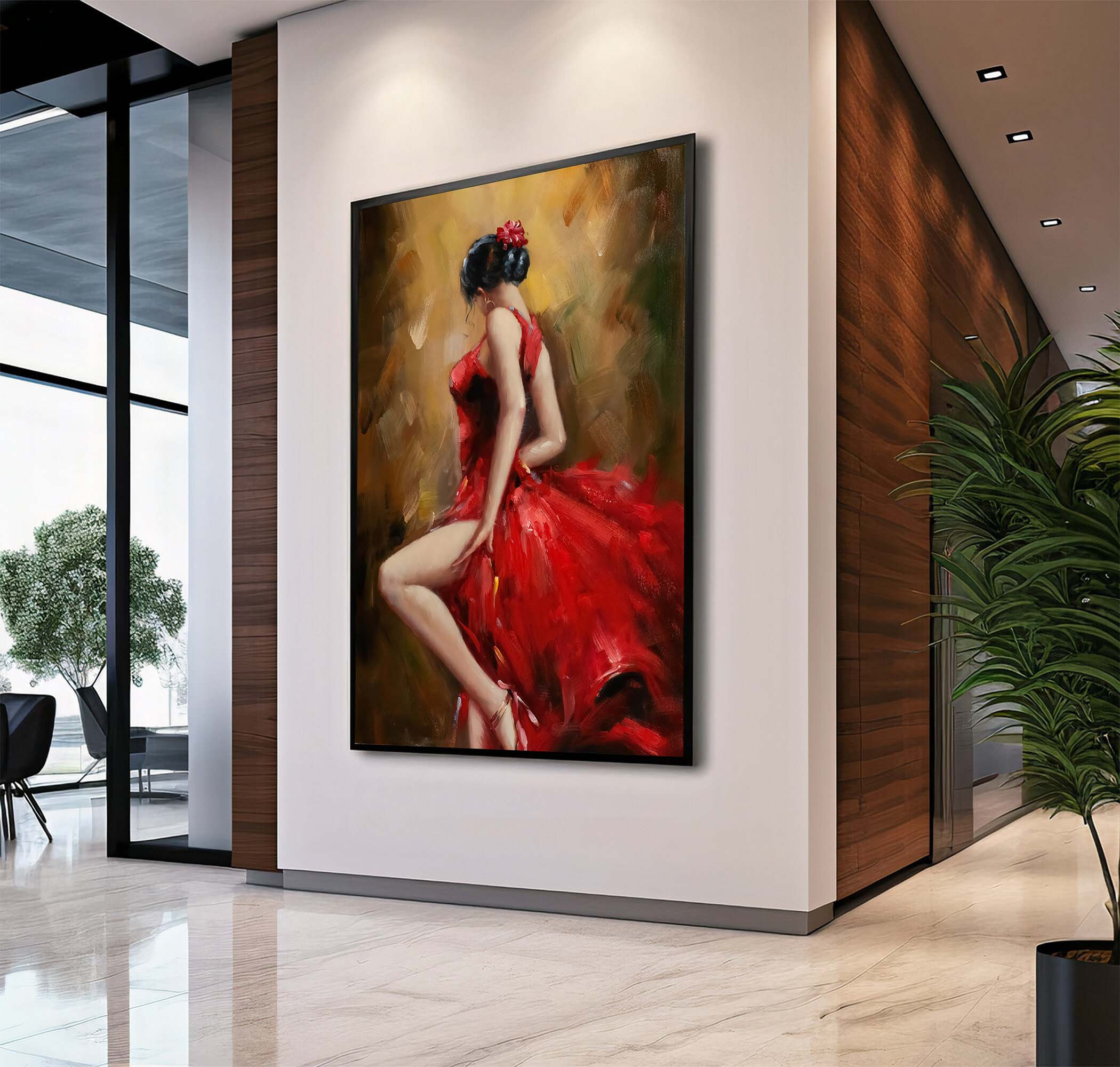 Elegant Woman in Red Dress Flamenco Dancer Oil Painting Poster