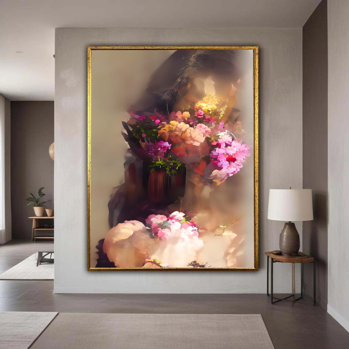 Abstract Floral Woman Portrait Soft Pink Dreamy Flower Art Poster