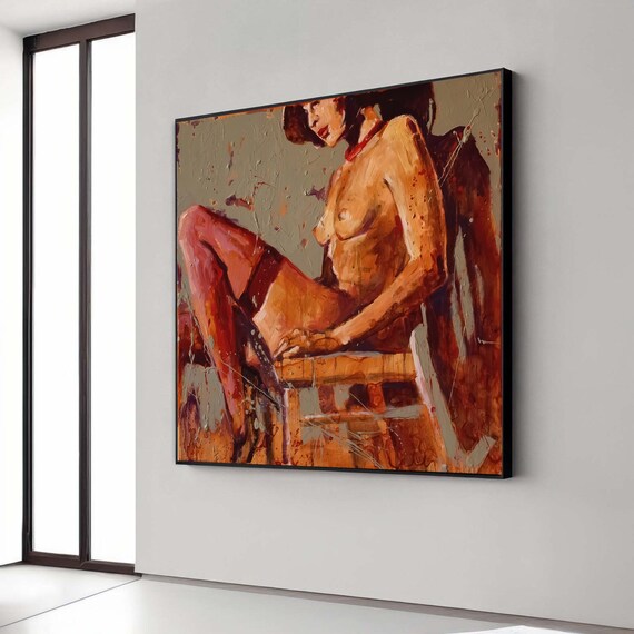 Expressionist Seated Nude Female Figure Warm Orange Oil Painting Poster