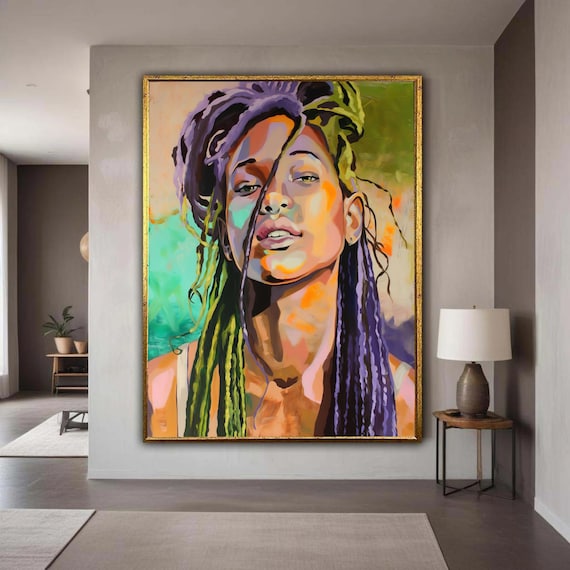 Bold Colorful Woman Portrait Purple Green Hair Modern Expressionist Poster