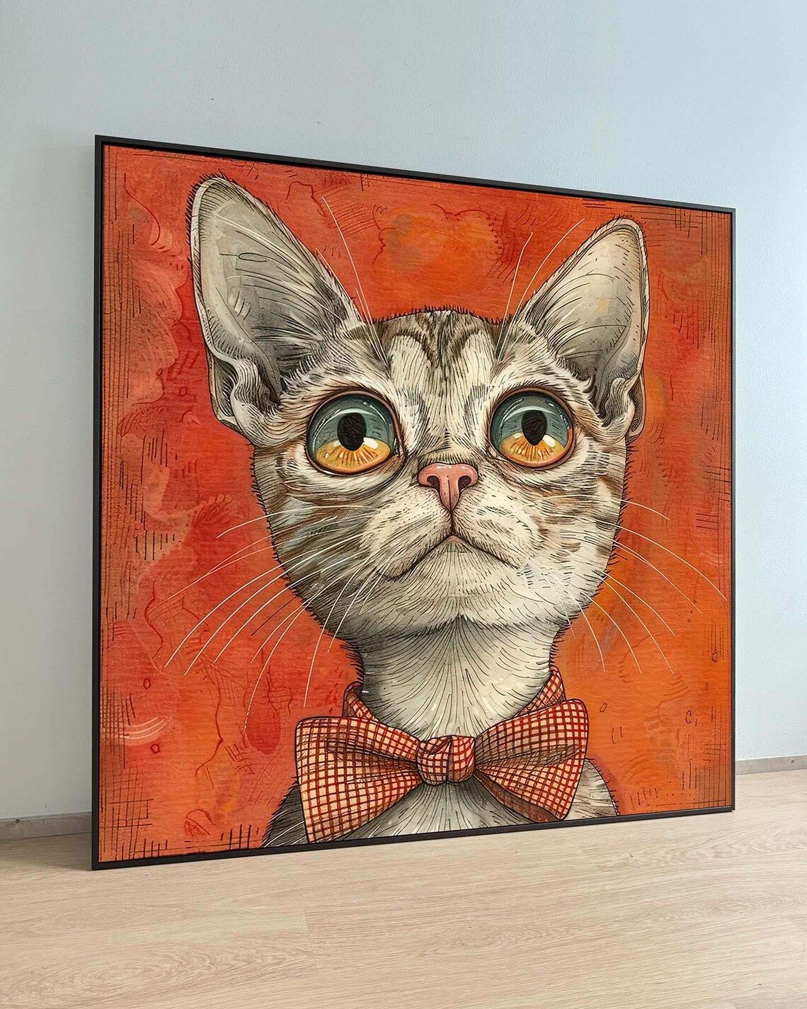 Whimsical Wide Eyed Cat Bow Tie Quirky Feline Portrait Poster