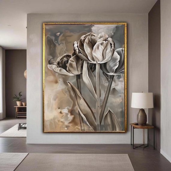 Elegant Monochrome Tulips Canvas Wall Art Neutral Floral Painting Modern Botanical Decor Soft Nature Print Gift Home
